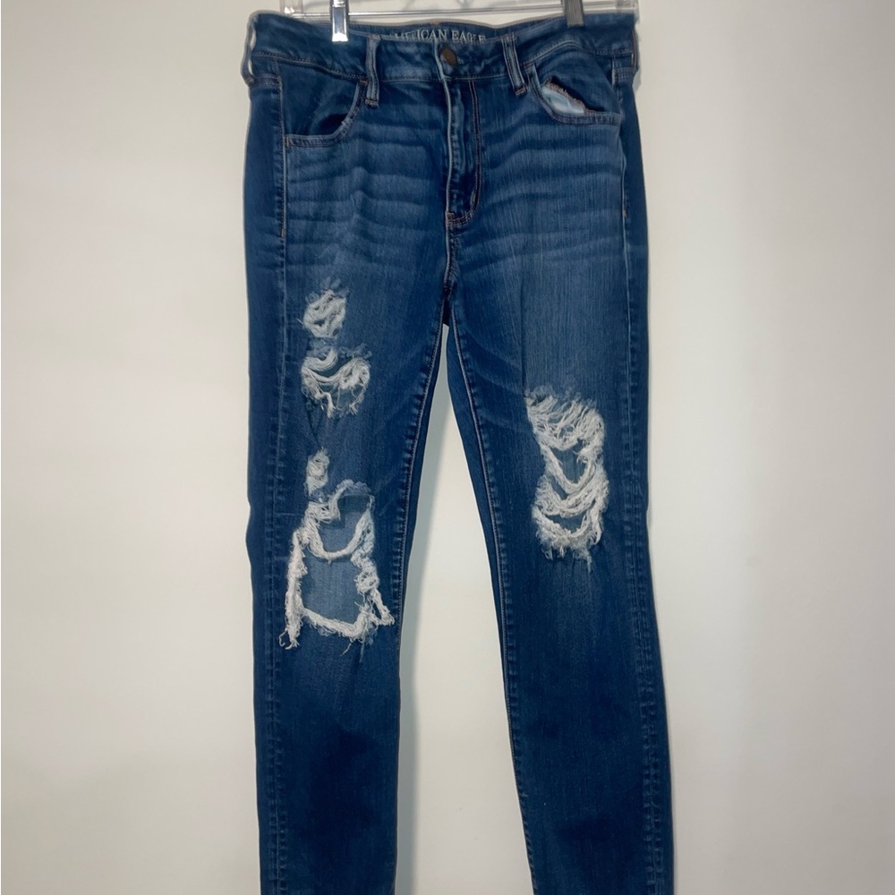 American Eagle Outfitters Women's Dark Blue Ripped Skinny Jeans